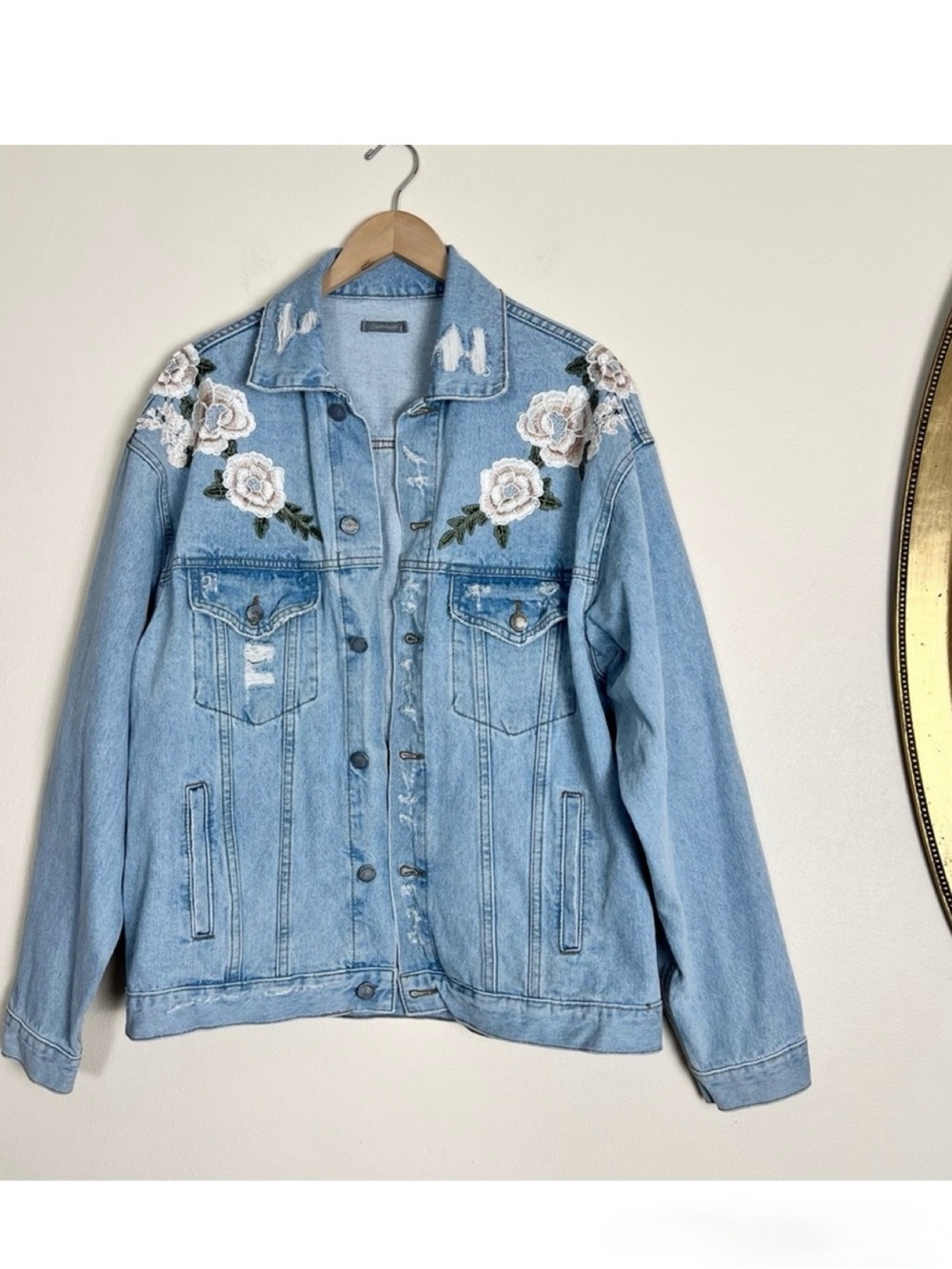 Carmar The Audrey Akoya Rose Embroidered Blue Denim Jacket Size Small